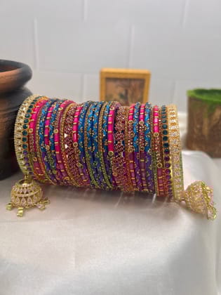 Rani Pink & Blue Stone & Glass Bridal Bangle Set 5028-2.4 / Single Hand