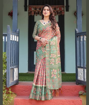 Almaari Fashion Linen Printed Saree With Stitched Blouse ( Multicolor )