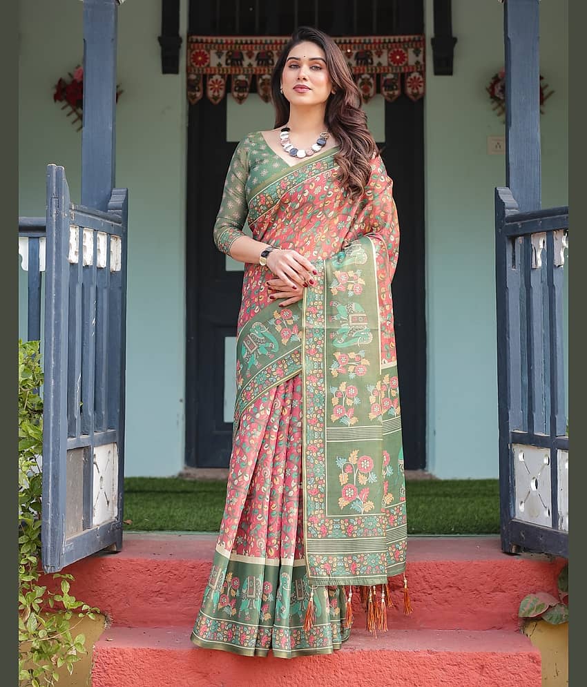 Almaari Fashion Linen Printed Saree With Stitched Blouse ( Multicolor )