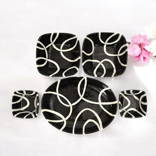 Modern Black & White Blue Pottery Bowl & Plate Set Handcrafted Jaipur Art