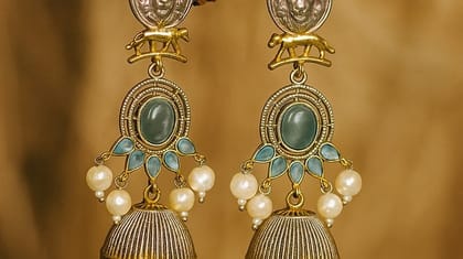 Bilasita Bold Collection Lion Pearl Jhumka Earrings | Vintage Oxidised Finish | Ethnic & Festive Wear