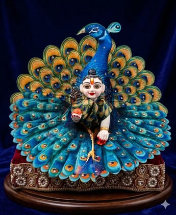Ladoo  Gopal Digital Print  Peacock  Feather Blue Multicolor Dress  Set  with  Mukut  Size 6