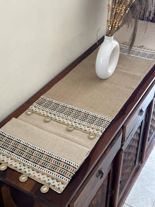 KRI India Raw Reflect Jute Table Runner|14x75 inches runner | Brown & Jute beige  | Wash & Care | 100% Cotton | Handcrafted in India. 100% organic & natural.