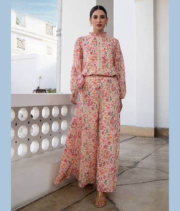 Janasya Women Printed Top With Palazzos Co-Ord Set ( Beige )