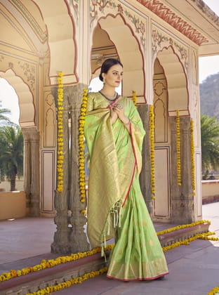 Green Soft Silk Woven Jacquard Printed Designer Saree For Women