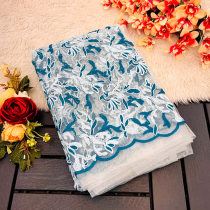 White Net Saree with Embroidery (Color - White) by SHIV TEXTILES