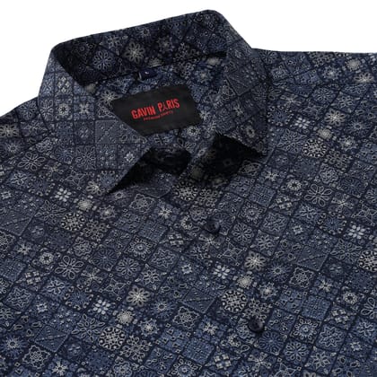 Blue Geometric Pattern Full Sleeve Shirt (GP013)-S-36 / Full Sleeve