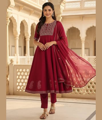 Vaamsi Women Silk Blend Embroidered Anarkali Kurti With Pants ( Burgundy )