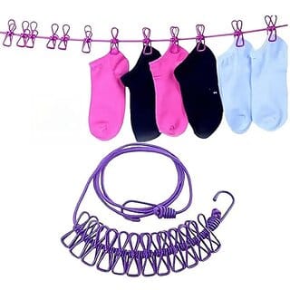 Pink Green Drying Rope with 12 Clips Portable Outdoor Clothesline Pack Of 2 Nylon Retractable Clothesline(2 m)