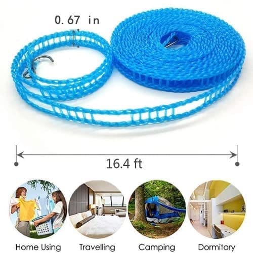 Durable Blue Clothesline Rope with Hooks – Heavy Duty Hanging Clothes Rope (Pack of 2) | Strong Laundry Drying Rope for Home, Balcony, Travel & Outdoor Use