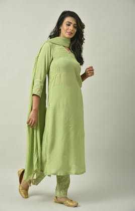 Green Naksi Hand Embroidery Kurta Set-S / Grey