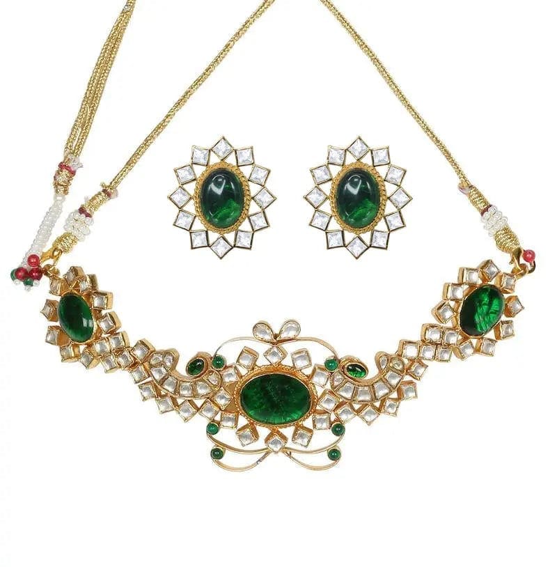 Silver Gold Plated Green Choker-CHOKER + EARRINGS