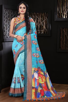 Narivastra Pure Linen Sky Blue Statue Digital Printed Saree