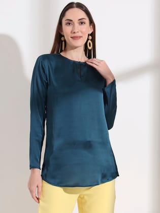 Summer Satin Deep Teal Mandarin Collar Button Tunic-S / DEEP TEAL