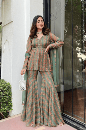 Arpita Gupta on OLIVE GREEN PRINTED SHARARA SET-XS