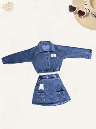 Girls Imported Denim Co-Ord Set [GCS-3889](1 - 11 Years)-9M-12M (Size - 16) / Blue / Denim