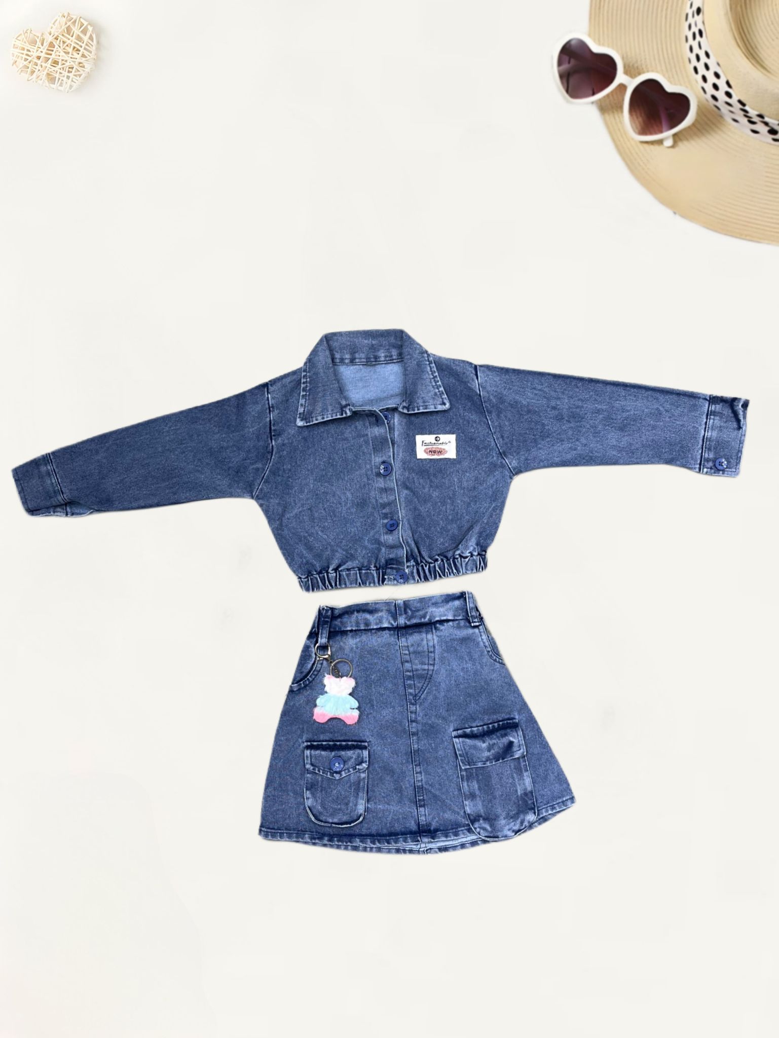Girls Imported Denim Co-Ord Set [GCS-3889](1 - 11 Years)-9M-12M (Size - 16) / Blue / Denim