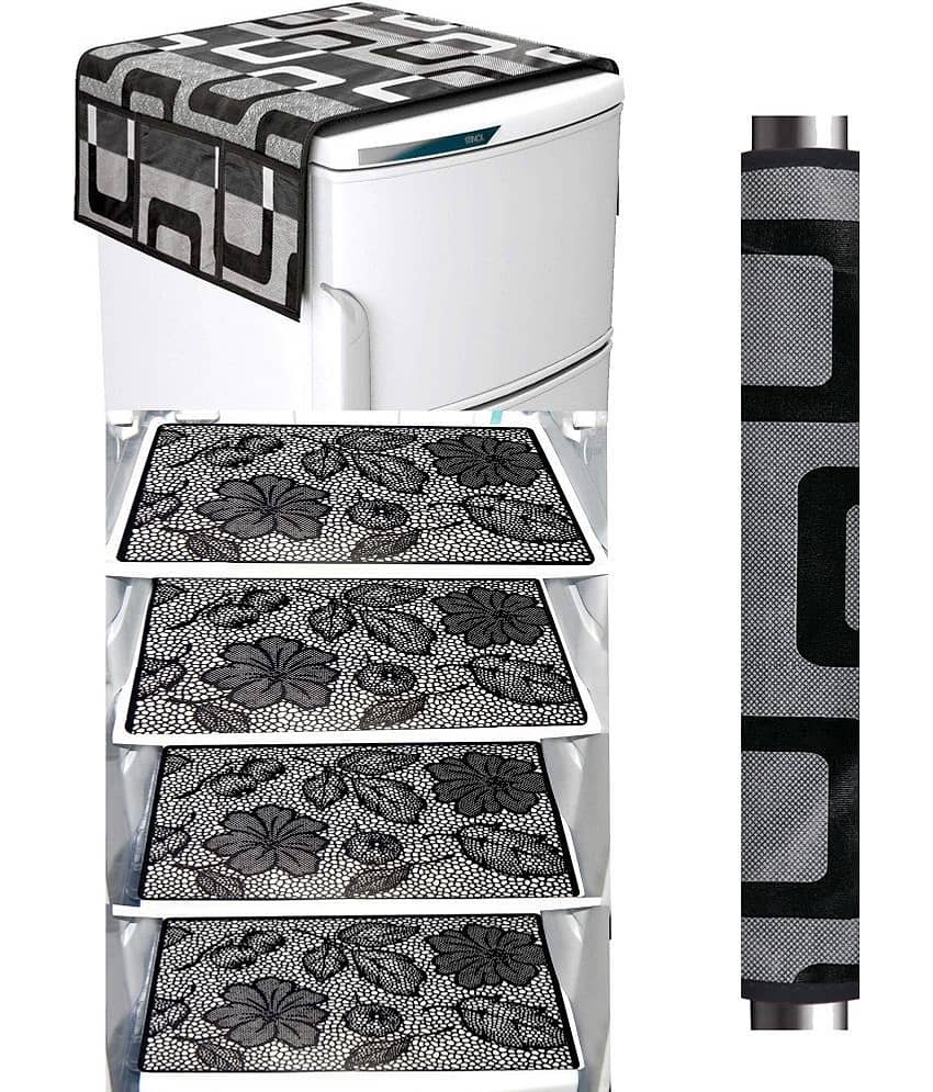 Crosmo Polyester Abstract Fridge Mat & Cover ( 99 53 ) Pack of 6 - Black