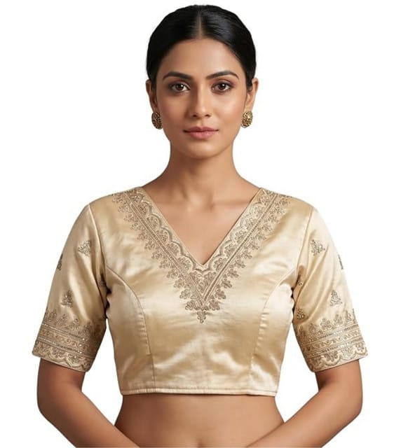 Women's Satin Embroidered Half sleeve V-Neck Padded Readymade Blouse (Cream, Size 38 - Self-Alterable 36–40)