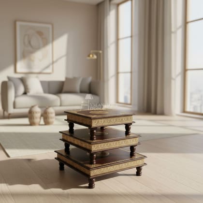 Wooden Beautiful Indian Pooja Chowki Table | Indian Pooja Bajot Table Setof3 With Brass