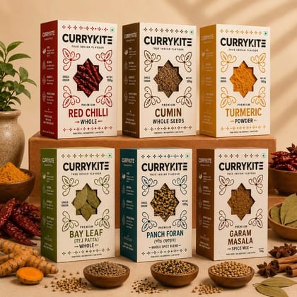 CurryKite Premium Indian Spice Combo Red Chilli, Cumin, Turmeric, Bay Leaf, Panch Foran Garam Masala CurryKite Premium Indian Spice Combo Red Chilli, Cumin, Turmeric, Bay Leaf, Panch Foran Garam Masala