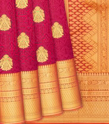 Magenta Silk Saree With Peacock Zari Buttas & Contrast Border-Magenta-Magenta