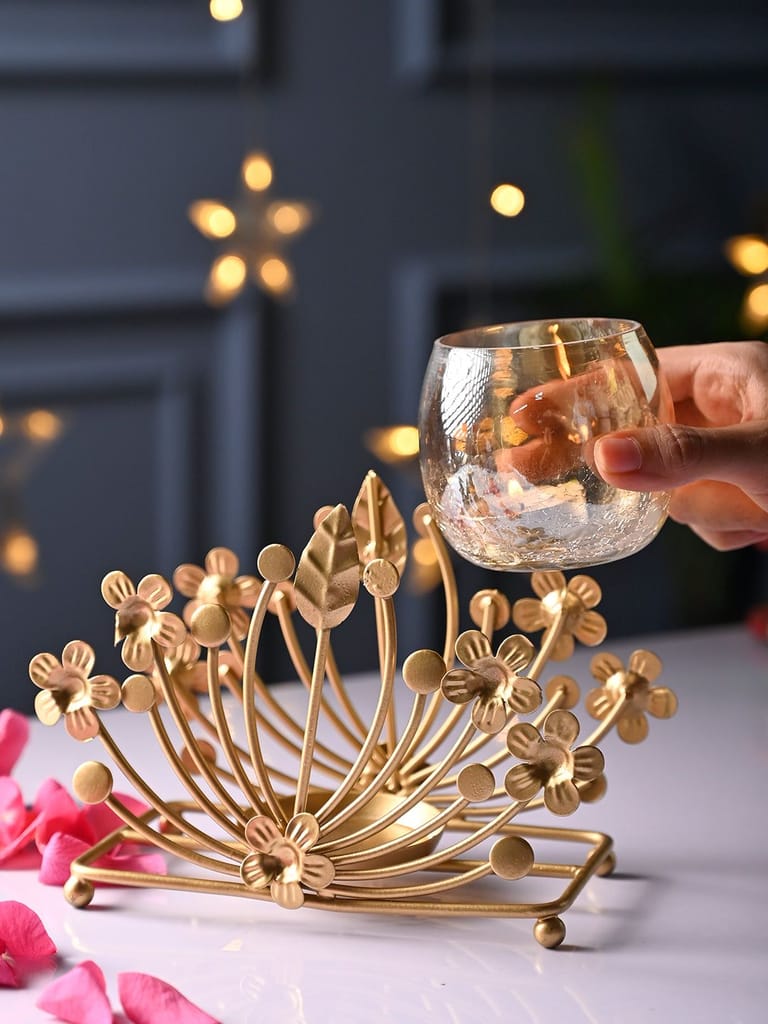 Elegant Gold Metal Flower Tealight Candle Holder with Glass Votive