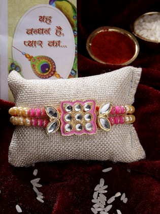 NVR Men Pink & Gold-Toned Kundan-Studded Rakhi With Roli Chawal & Chocolate-Freesize / Multi / Alloy