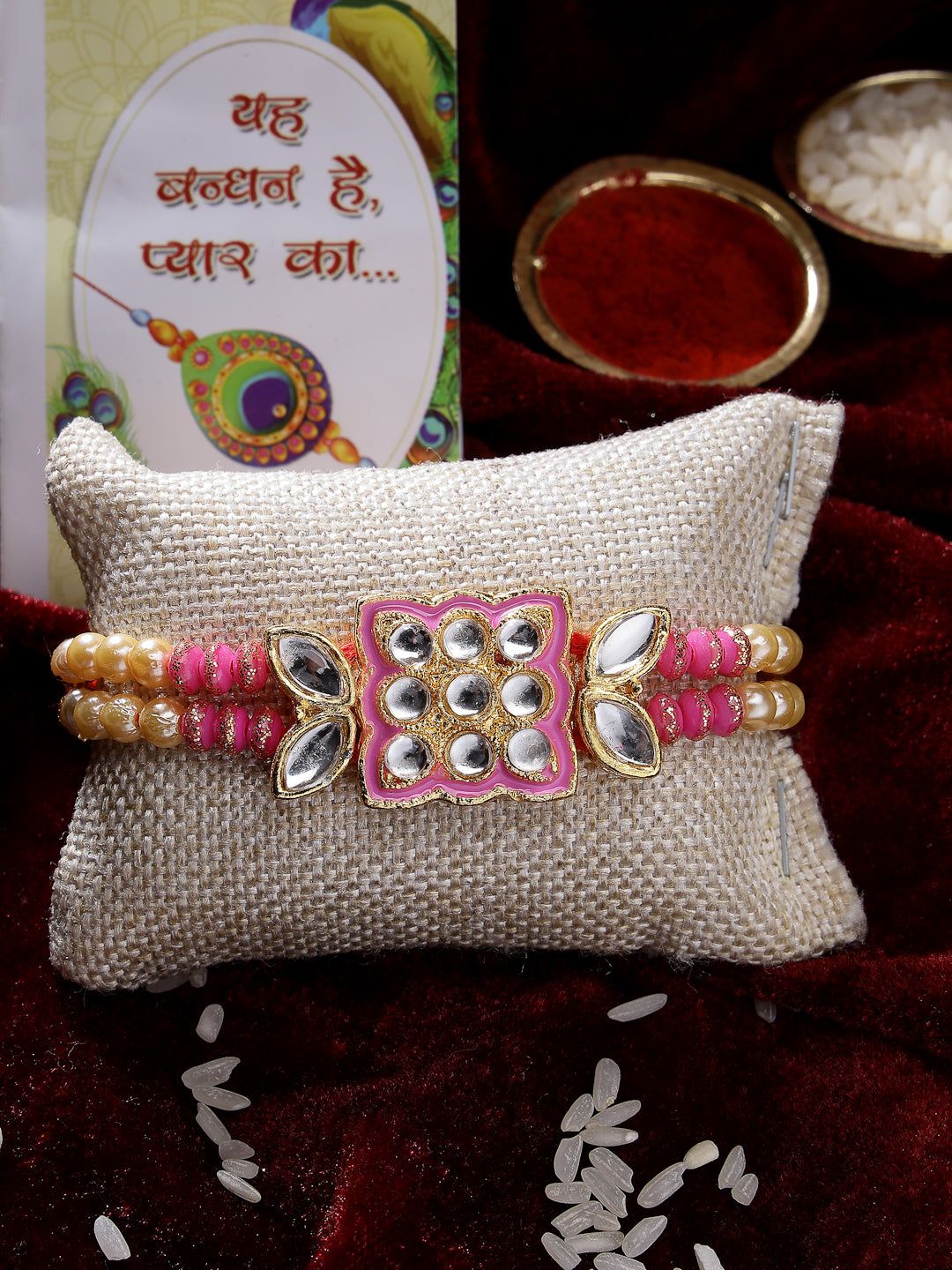NVR Men Pink & Gold-Toned Kundan-Studded Rakhi With Roli Chawal & Chocolate-Freesize / Multi / Alloy