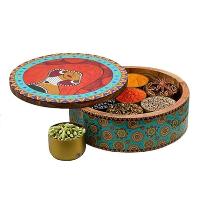 HOMEPRIVILEZ "Classic" Wooden Spice Box/Masala Dabba Set with Seven Golden Spice Jars (8 Pcs set)-Classic