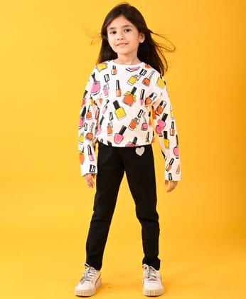 NAIL PAINT FUN LONG SLEEVES T-SHIRT AND BLACK FLEECE JOGGER SET - WHITE/BLACK-0-6 MONTHS / 2N / WHITE/BLACK