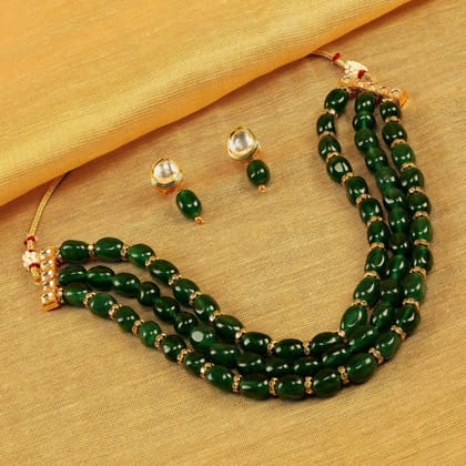 Gold-Plated Green Beaded  Kundan Studded Jewellery Set