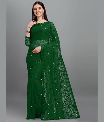 VANRAJ CREATION Net Self Design Saree With Unstitched Blouse Piece ( Green )