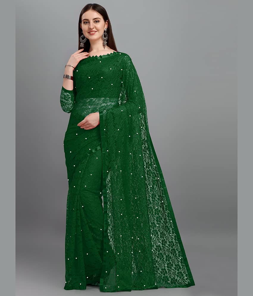 VANRAJ CREATION Net Self Design Saree With Unstitched Blouse Piece ( Green )