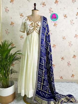Gaji silk handmade Bandhej dupatta paired with hand embroidered Anarkali frock-XS