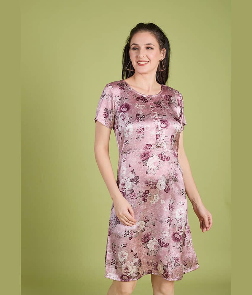 Mantra Fashion Women's Pink Floral Satin Knee Length A-line Dress ( Pack of 1 )