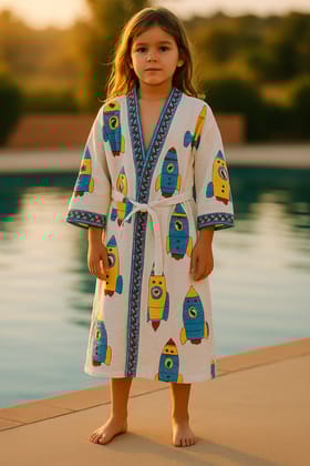 Handblock printed waffle cotton bathrobe for kids - 4-13 years old-4-8 years