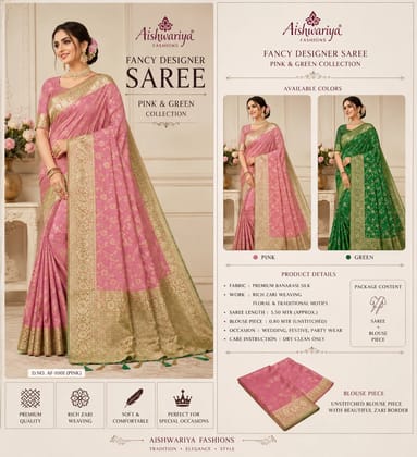 Fancy Designer Saree with Blouse Piece – Pink & Green Collection by Aishwariya Fashions