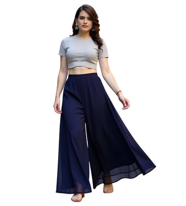 Generic Women's Georgette Solid High-Rise Wide Leg Flared Palazzo Pants with Elastic Waist, Ankle Length Trousers for Daily, Office and Casual Wear (Navy Blue, S, Pack of 1, Design 67538)