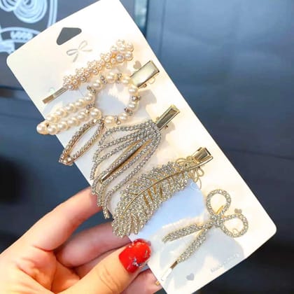 Set Of 5 | Golden Crystal Hair Clip Set
