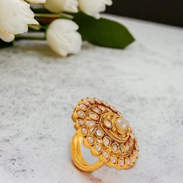 Rajwadi Gold Plated Antique Pearl AD Finger Ring