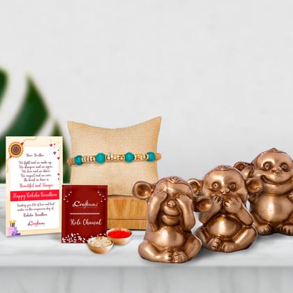 Designer Pearl Rakhi with 3 Musketeers Monkey Set Brass Decorative and Roli Chawal Pack, Best Wishes Greeting Card