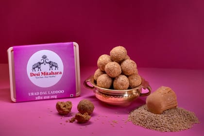 Desi Mitahara's Urad Dal Ladoo - Made with Urad Dal, Jaggery & Cow Ghee - Traditional Indian Sweet - Healthy, Nutritious Snack - 480g Pack - No Artificial Colours - Suitable for All Ages
