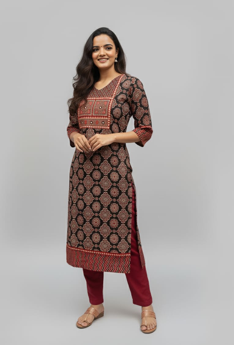 Rivaaj Ethnic Shreya Ajrakh Cotton Straight Kurta (Size M) | Black Handblock Print | 3/4th Sleeves | Round Neck | Cotton Ethnic Wear