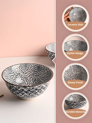 Japanese Design Ceramic Blue & White Serving Bowl for Soup, Salad & Cereal