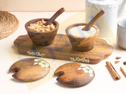 Srjana Hand Painted Mango Wood Multipurpose Jar Set with Tray and Spoons