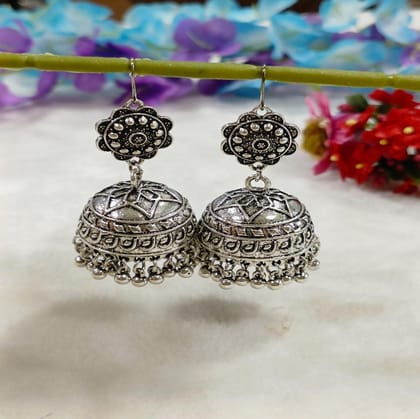 Antique Silver Plated Floral Jhumka Earring- AER 4204