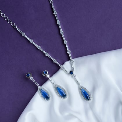 Majesty Crystal Rhodium Necklace Set-Crystal Blue / Rhodium / Free Size