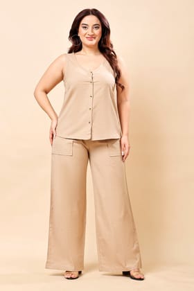Lined Solid Button Up Waist Co-ord Set-Warm Sand-L / L / Warm Sand