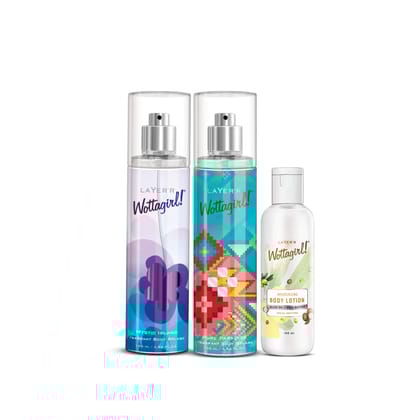 Layer'r Women WottaGirl Mystic Island Spray Aromatic Scent Body Splash,Pure Paradise Spray Aromatic Scent Body Splash 135Ml&Get Moisturizing Aromatic Scent Body Lotion For All Skin Types 100Ml